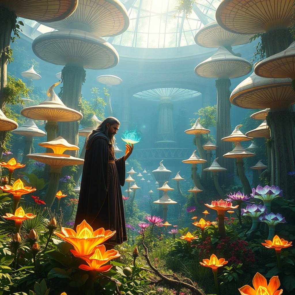 Enchanted Wizard Amidst Glowing Gardens of Tel Mithryn