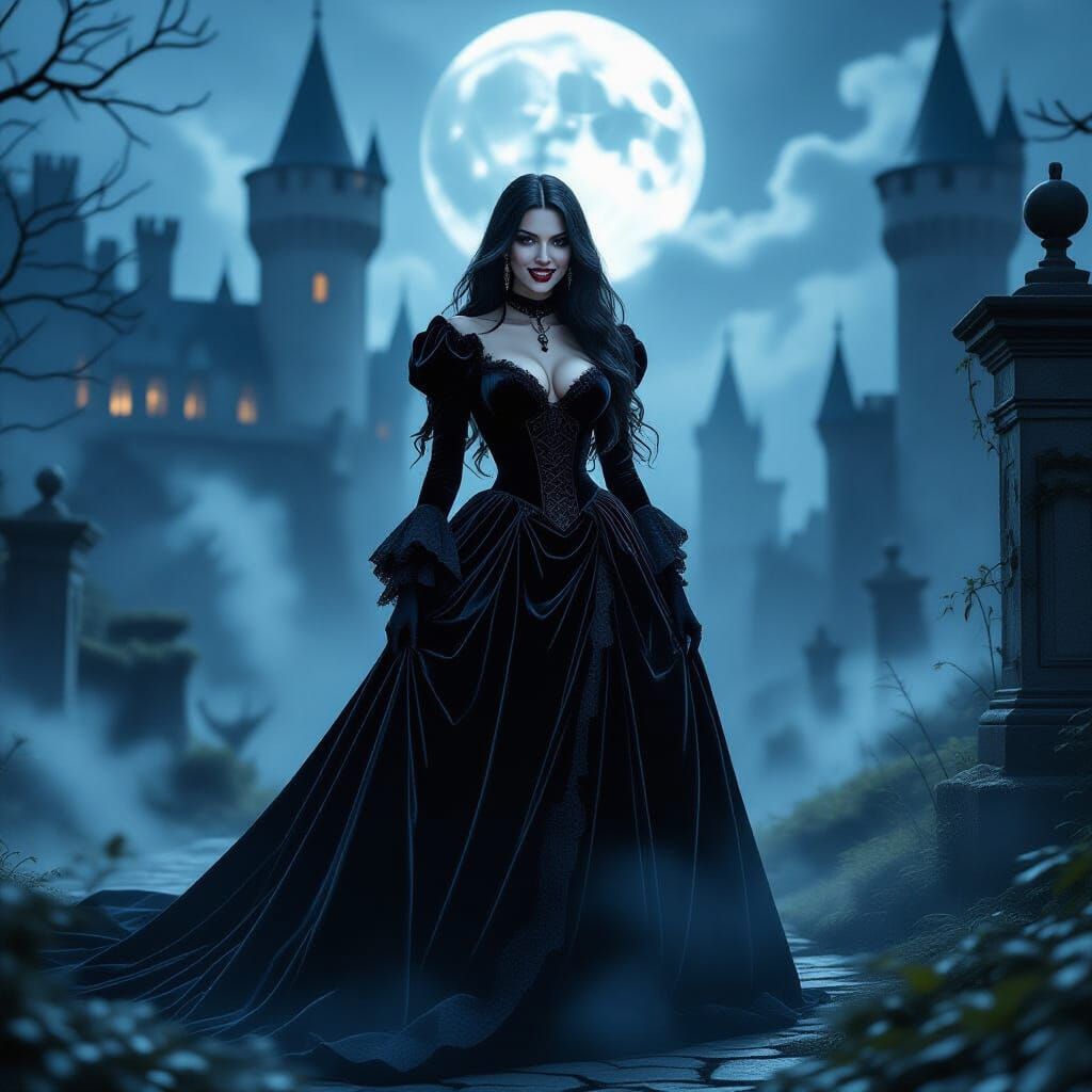 Moonlit Vampire in Black Velvet Gown