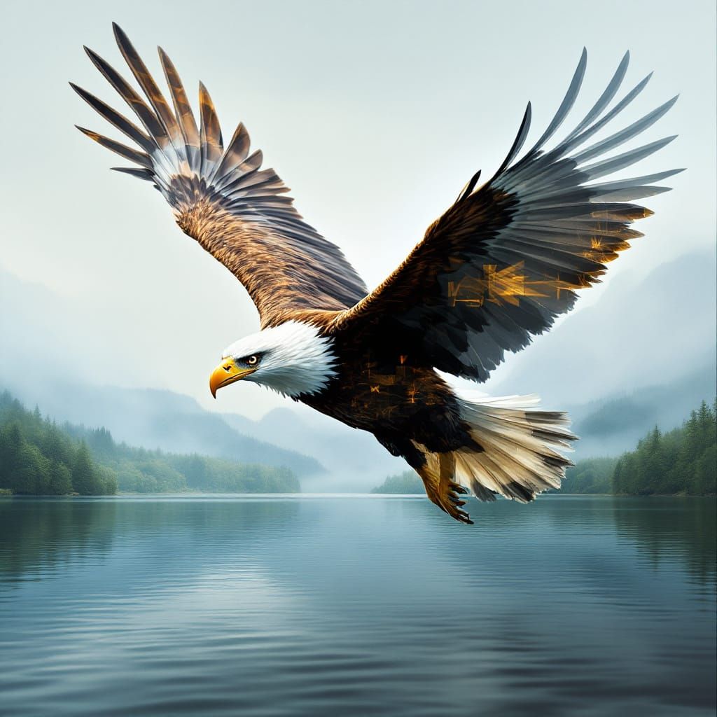 Eagle in Flight: Double Exposure Landscape With Lake