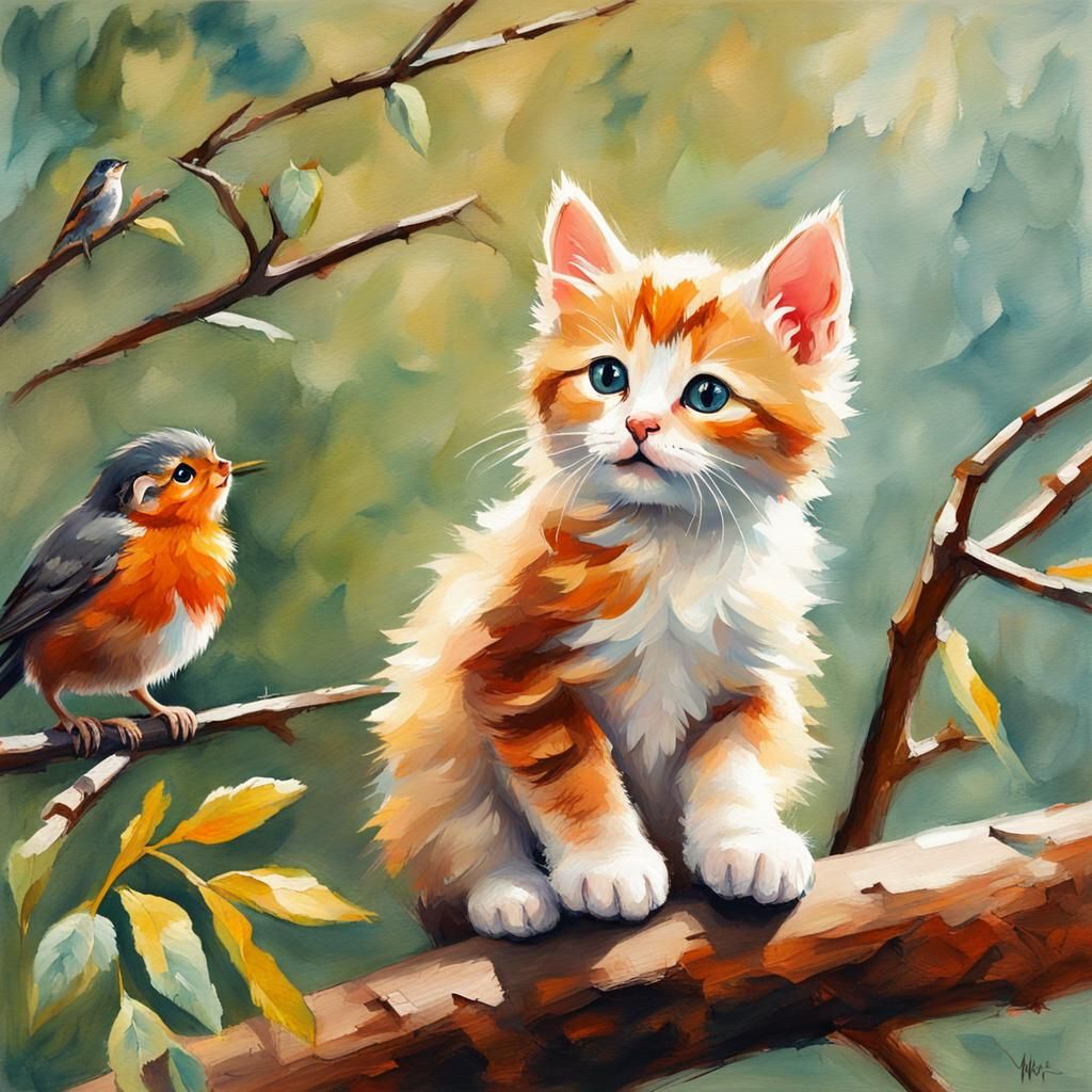 Kitten and Robin in Gouache Watercolor Style