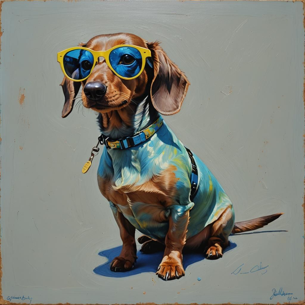 A dachshund wearing blue neon budgie sunglasses