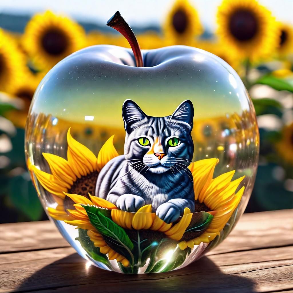 Glass Apple: Cat in Sunflower Field
