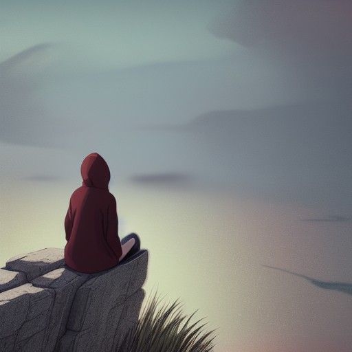 Lonely Girl on Cliff Edge: Ghibli-Style Digital Art