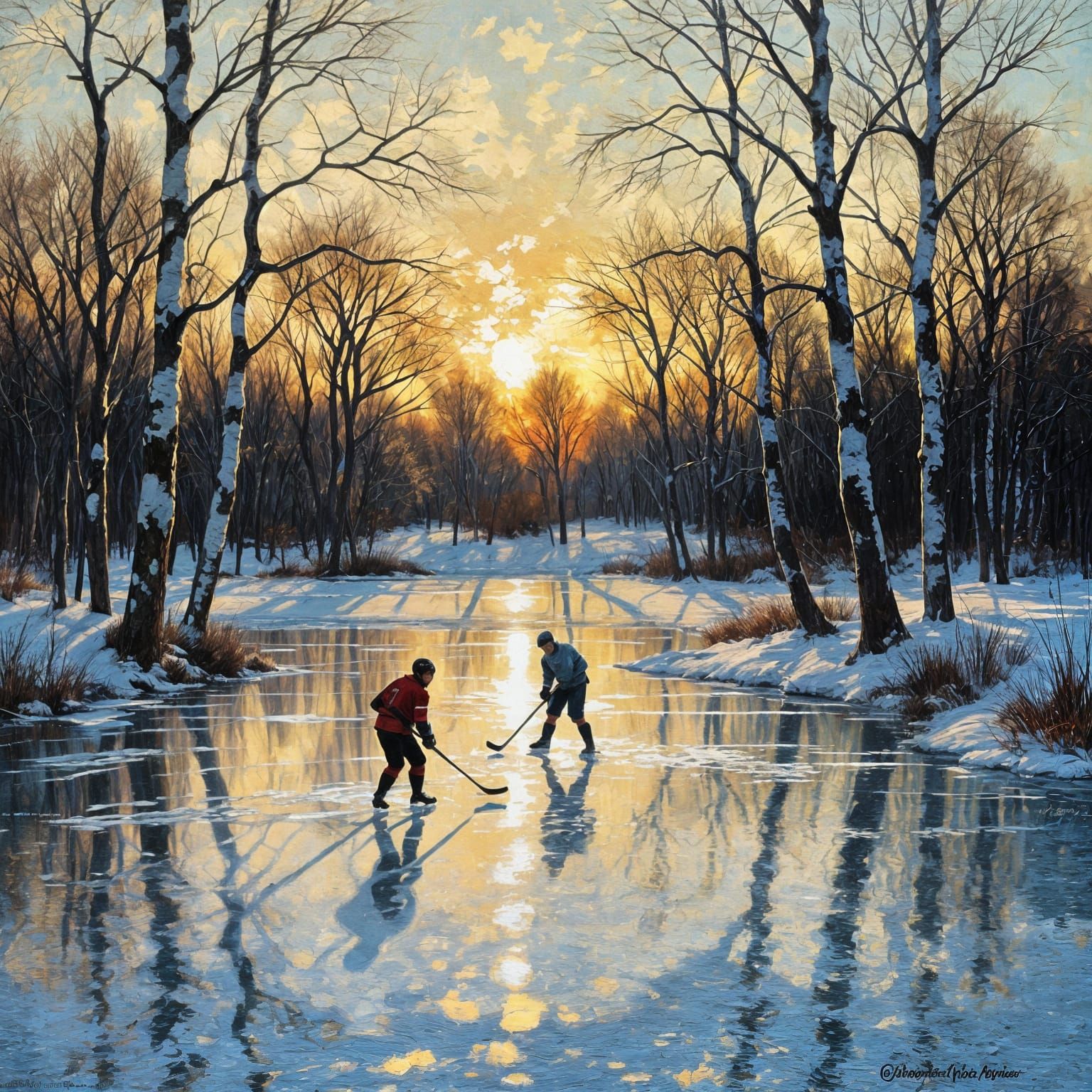 Impressionistic Hockey Player on Frozen Pond