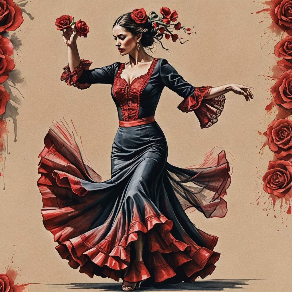Flamenco Dancer in Traditional Dress, Colored Pencil and Ink