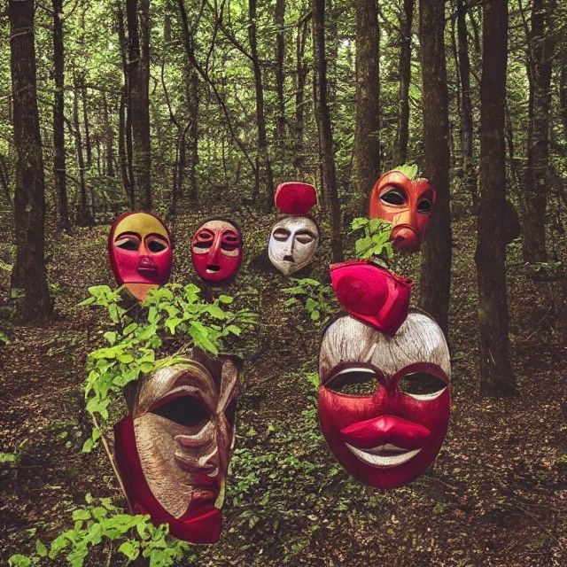 Masks Hanging in a Mysterious Forest