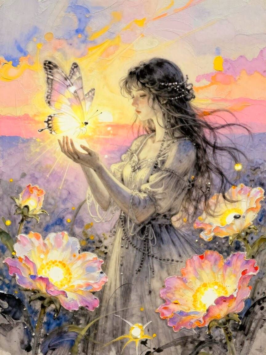 Butterfly Mage Releasing Light Wings in Pastel Sunset
