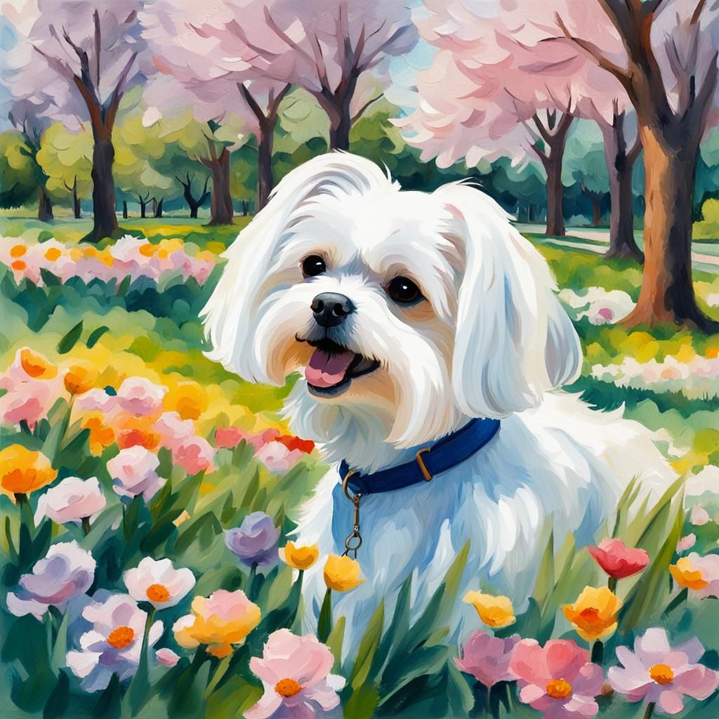 Maltese Dog in Spring Flowers: Gouache Impressionist Style