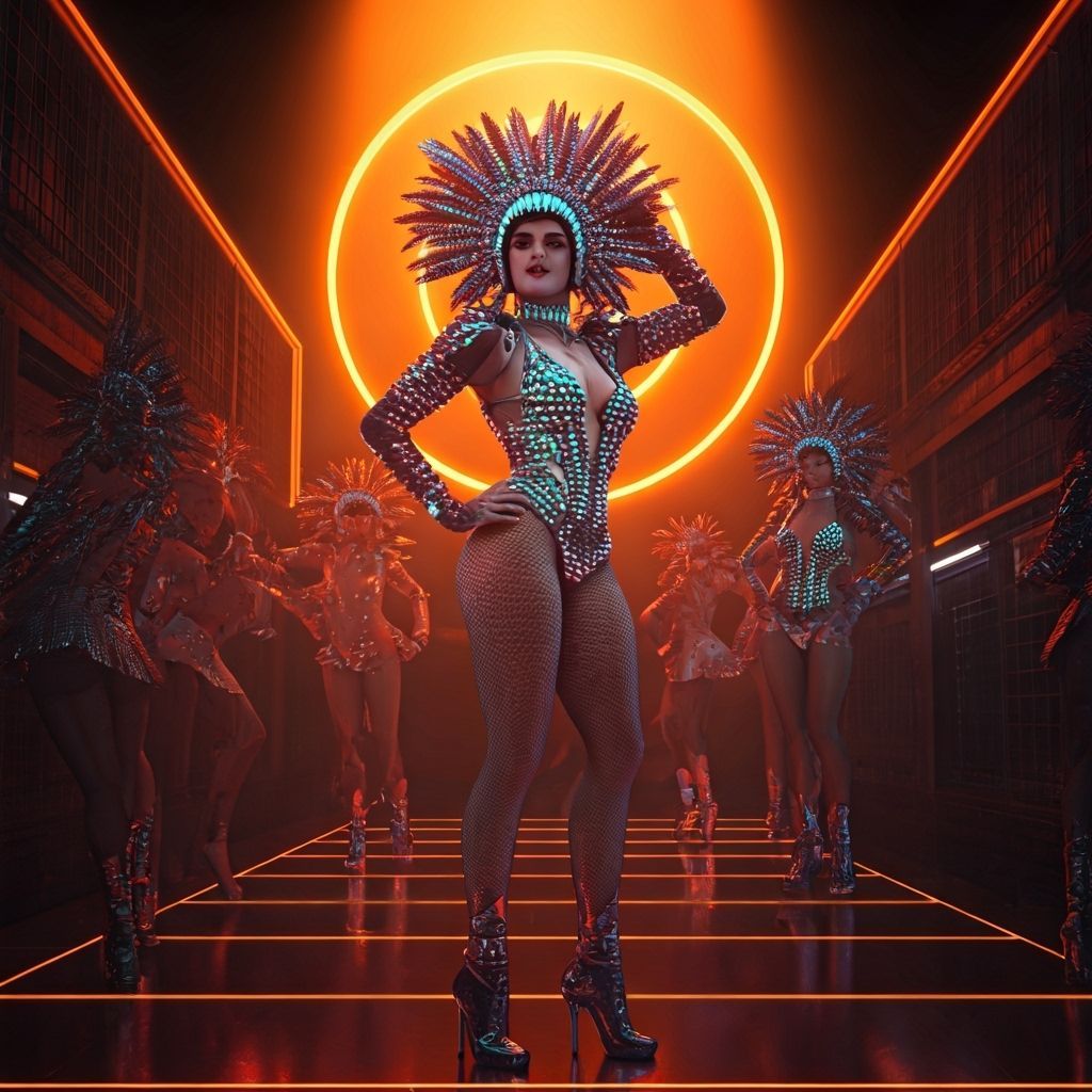 Futuristic Showgirls Dance in Neon Noir Style
