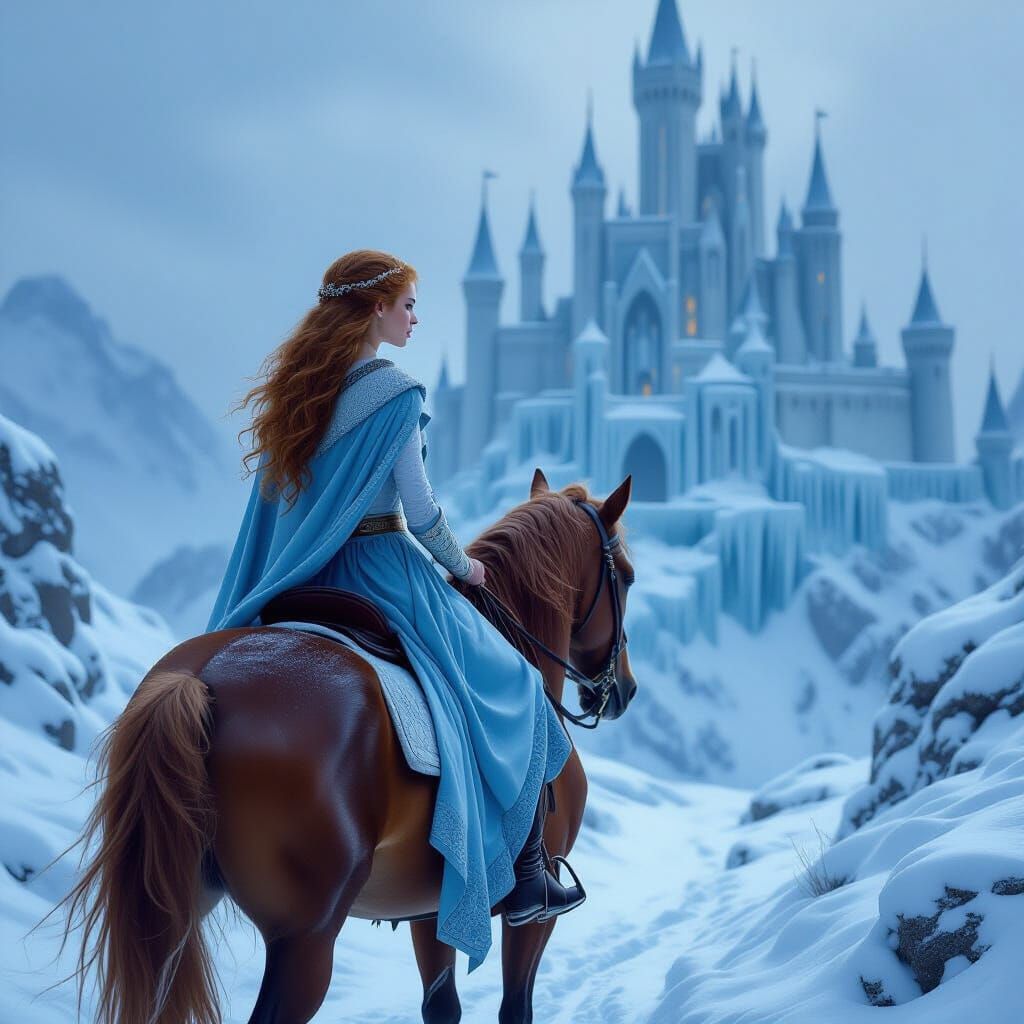 Strawberry Blonde Woman Rides Horse to Ice Stronghold