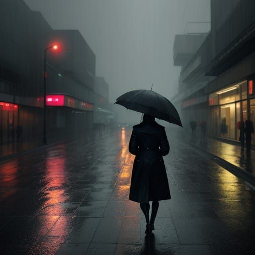 Figure in Torrential Downpour Reflecting Neon City Lights