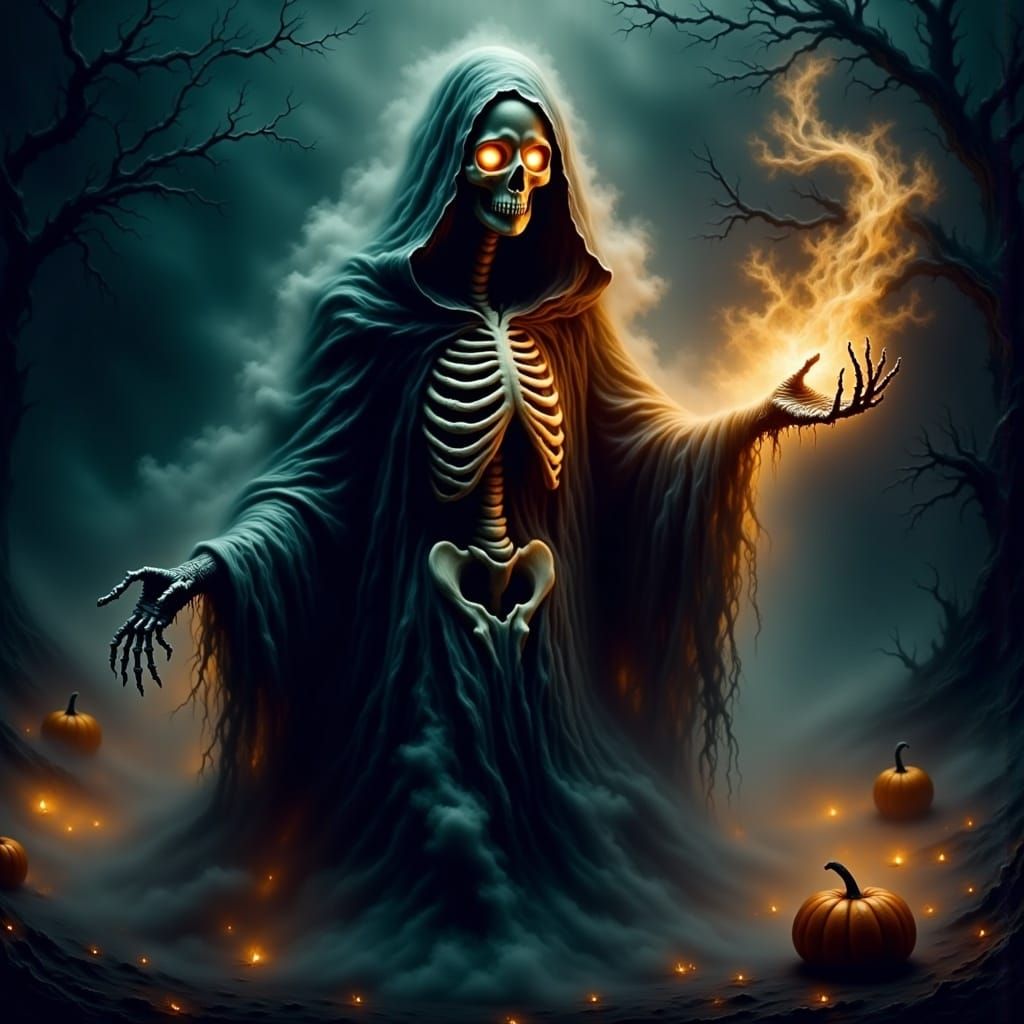 Skeleton Wizard Casting Spells in Hyper-Realistic Style