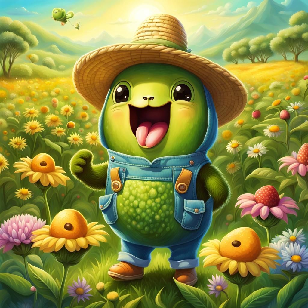 Cute Avocado Creature's Picnic in Wildflower Field