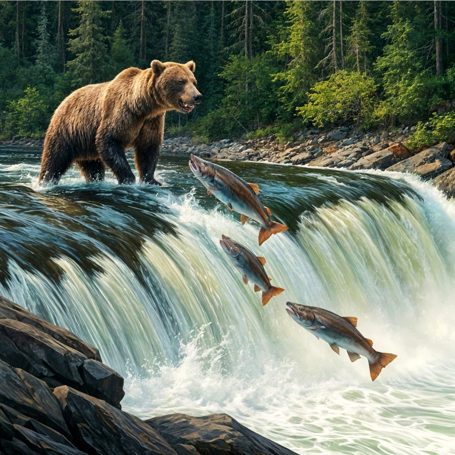 Salmons Leaping Up Mountain Rapids in a Realistic Landscape