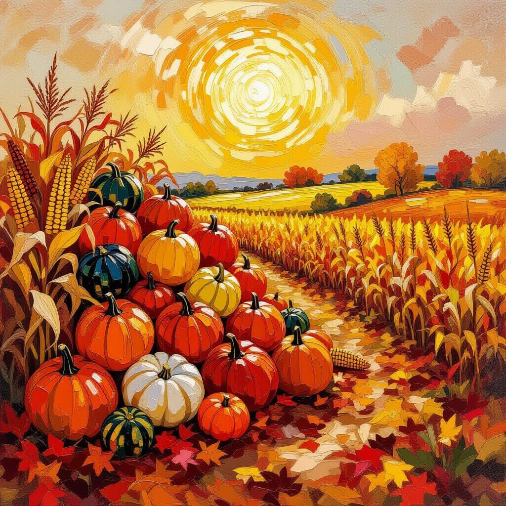 Vibrant Autumn Harvest Oil Painting with Golden Sunlight
