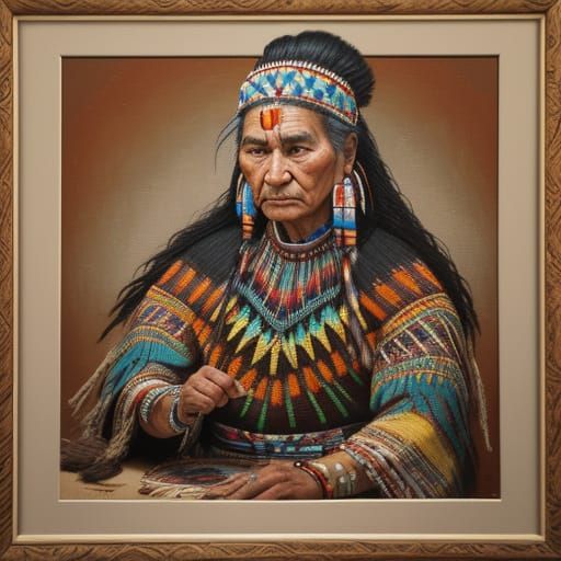 Cheyenne Woman Embroidering Buckskin Clothing in Vibrant Oil...