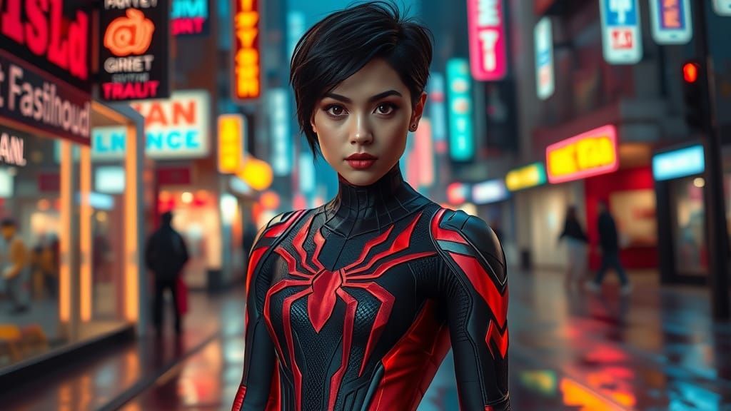 Cyberpunk Heroine with Short Black Hair in Neon City