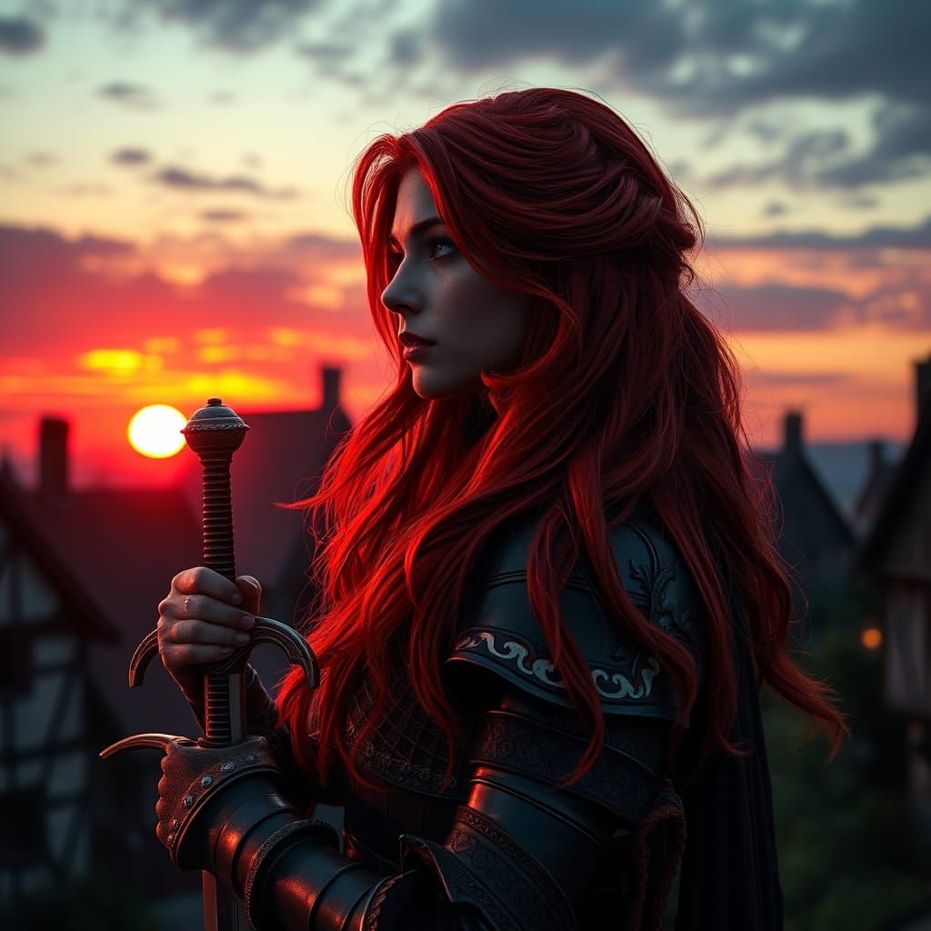 Warrior Woman in Medieval Village Sunset: Art Nouveau