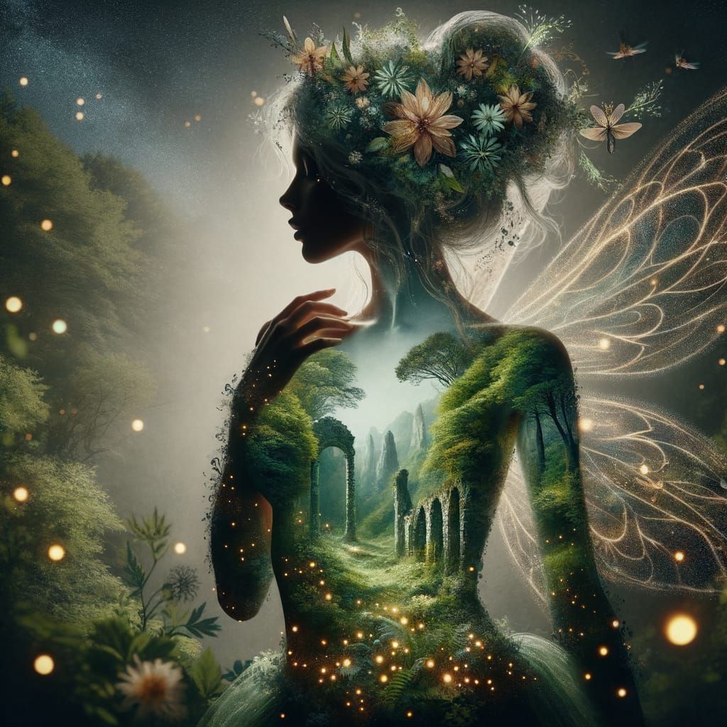 Ethereal Faerie Princess in Dreamy Forest Double Exposure