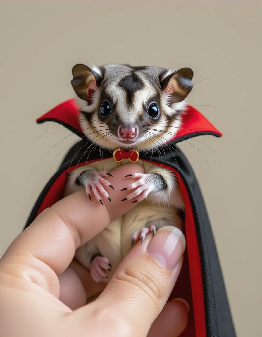 Tiny Sugar Glider Dressed as Count Dracula in Photorealism