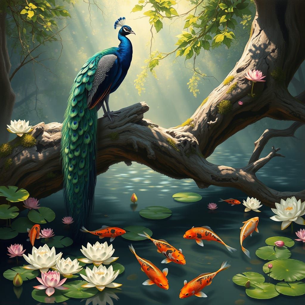Lush Tropical Peacock Scene in James Gurney Style