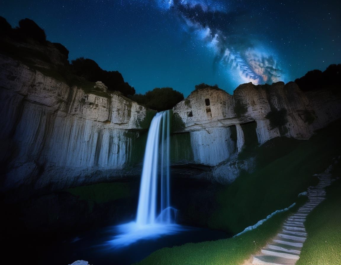 Majestic Waterfall Flowing from Cruise Ship at Night
