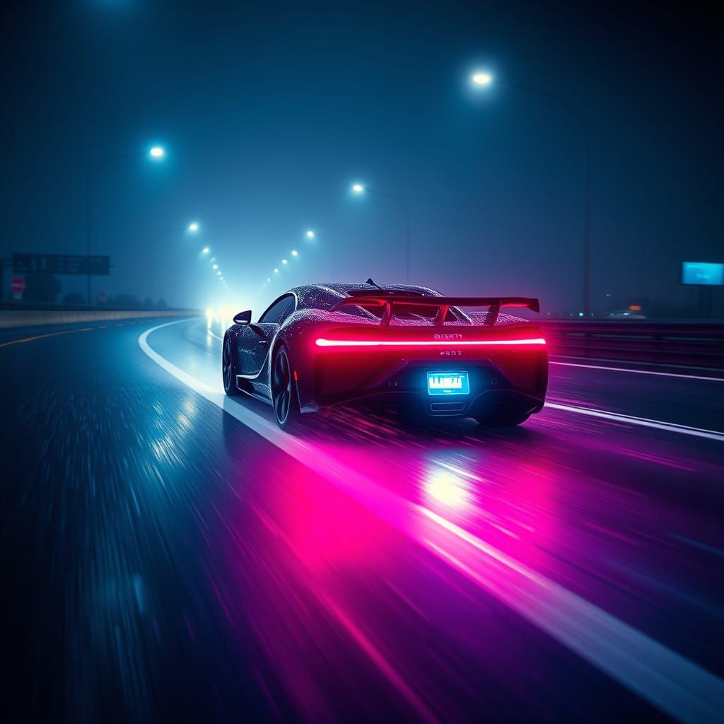 Sleek Bugatti Chiron Speeds Down Rain-Soaked Highway at Nigh...