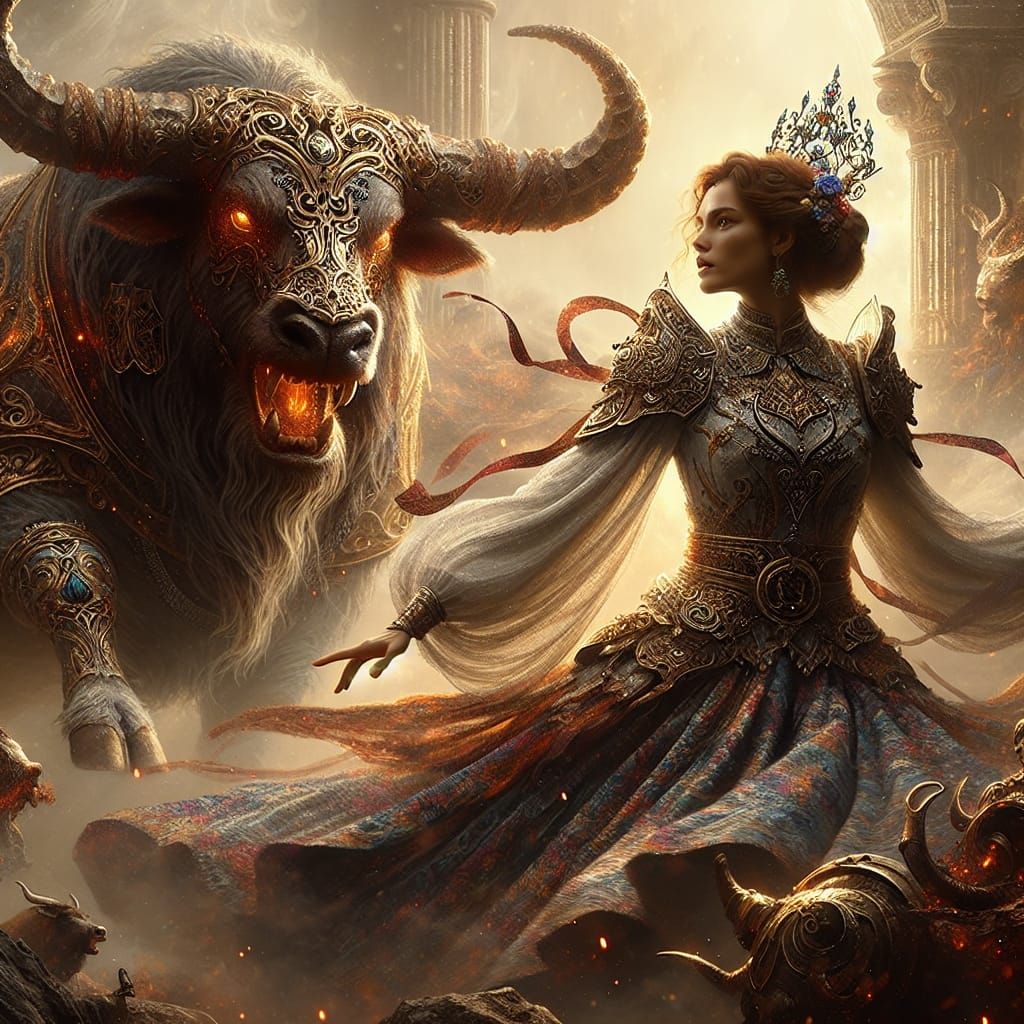 Hispanic Warrior Woman Battles Minotaur in Epic Fantasy Art