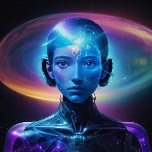 Transparent Human in Space: Holographic Astral Illustration