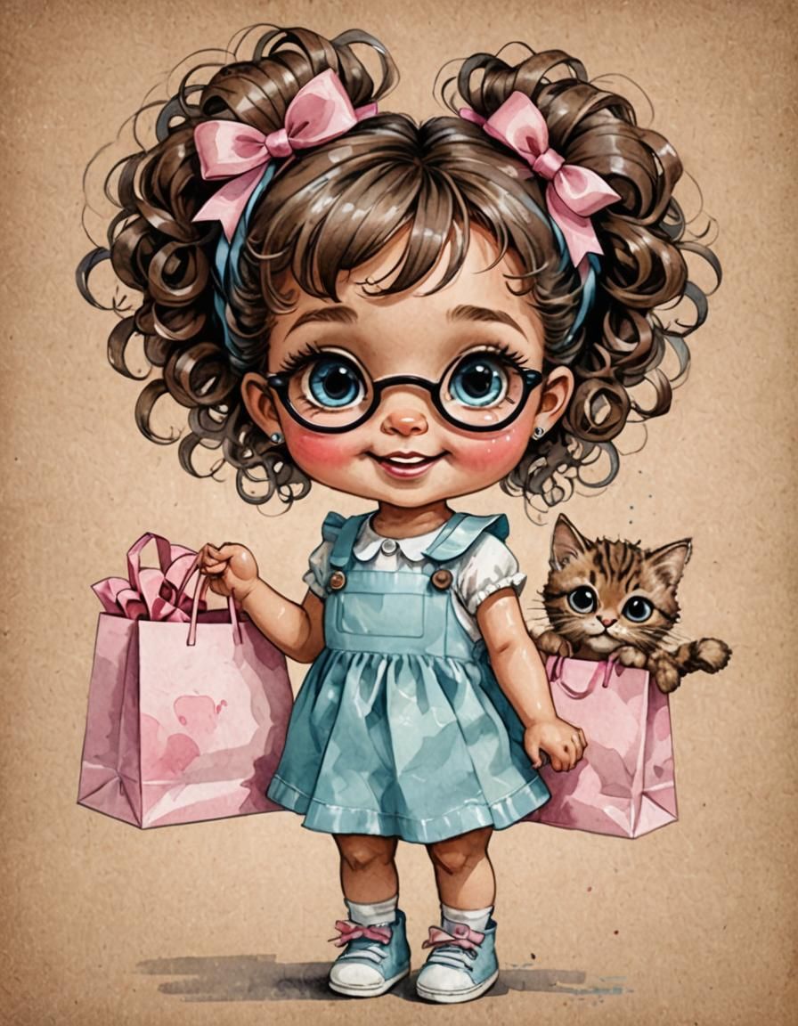 Chibi Girl with Auburn Pigtails in Vintage Illustration