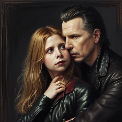 Aged Dracula Whispers to Buffy in a Romantic Rembrandt-Inspi...