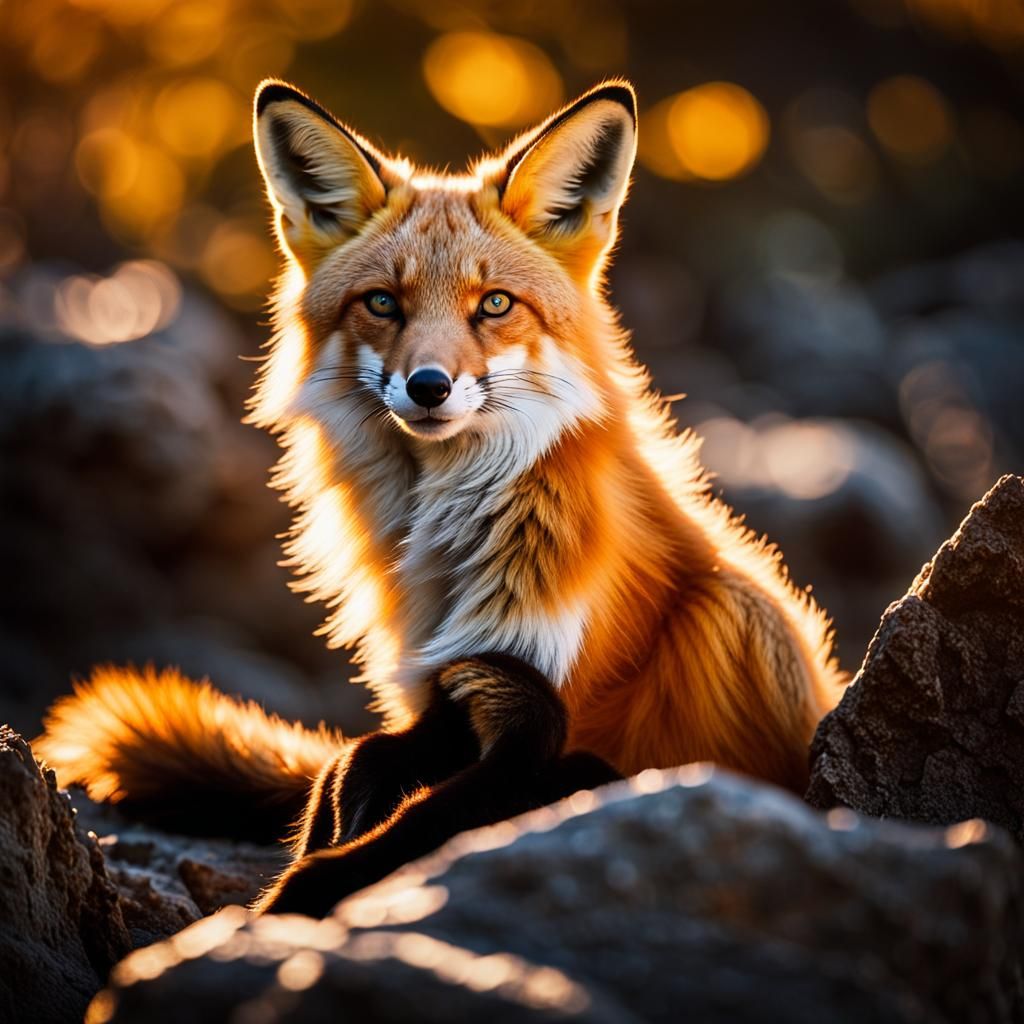 Fox Portrait on Golden Rocks in High-Fantasy Style