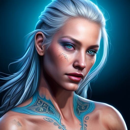 Tattooed Woman with Braids: Photorealistic Digital Art