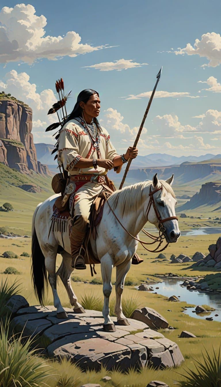 Traditional Native American Warrior in Reflection with Horse...