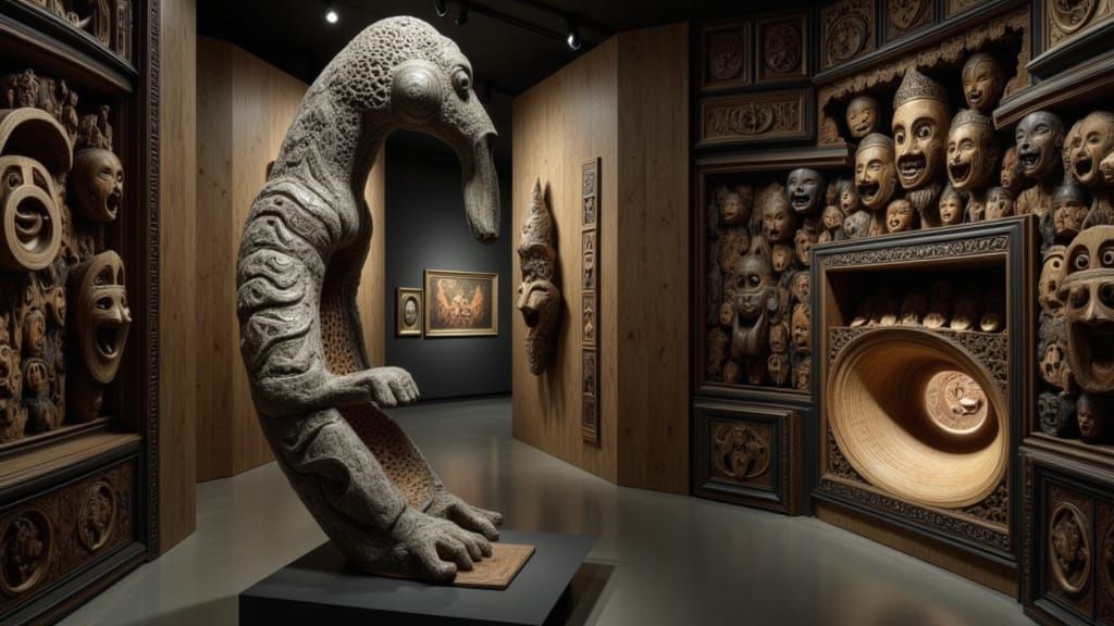 Museum Display of Surrealist Biplane Sculpture