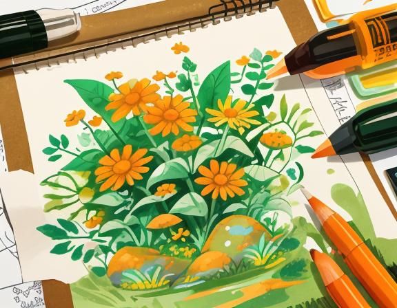Magical Orange Daisy: Stylized Ink Drawing on Parchment