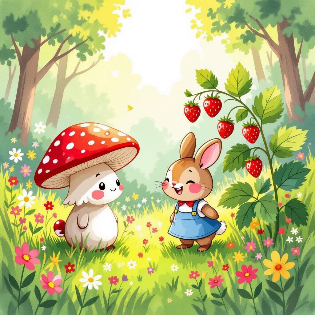 Playful Mushroom and Strawberry Cartoon in Watercolor Style