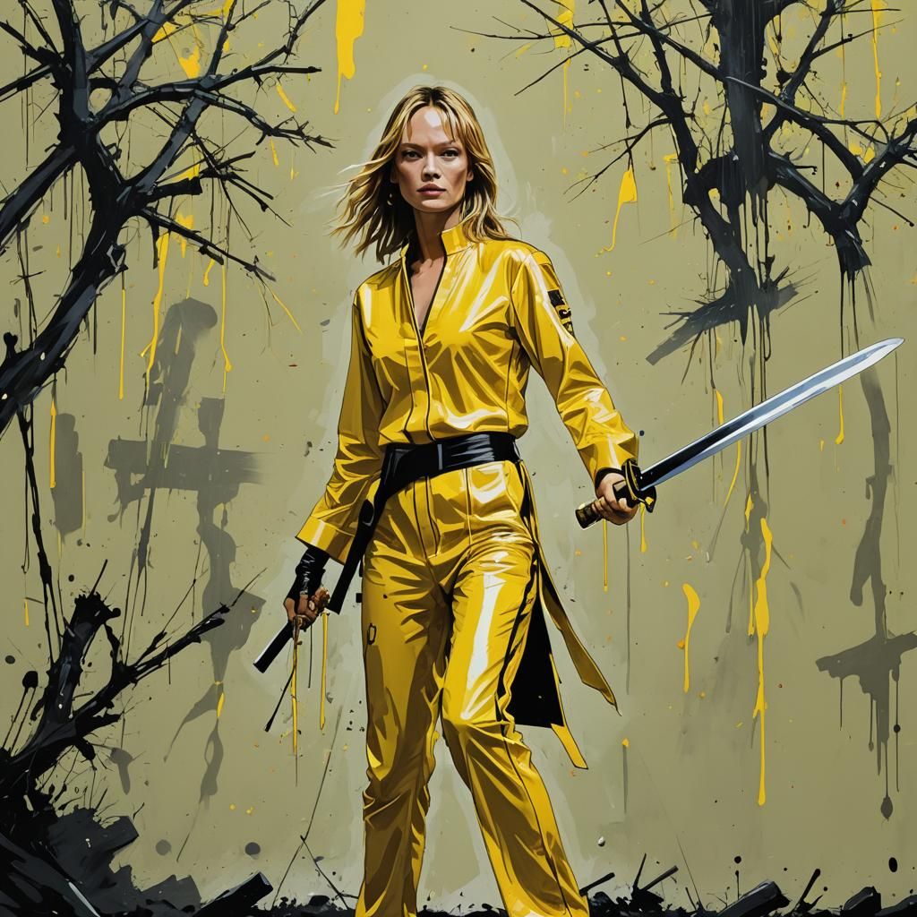 The Bride in Yellow Jumpsuit, Samurai Sword, and Neon Noir