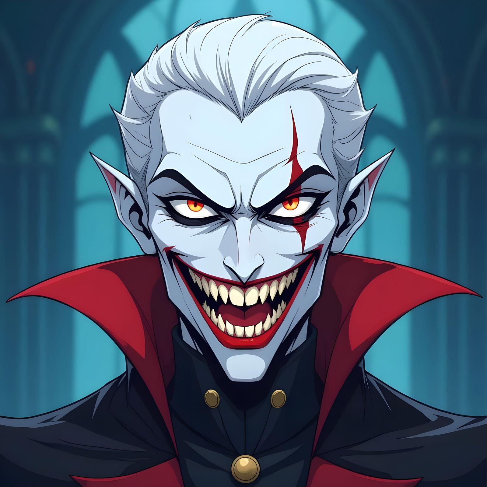 Anime Villain with Bat-like Teeth in Cel-Shaded Style