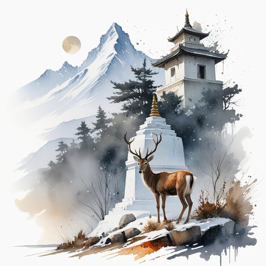 Mystical Himalayan Landscape with Elusive Tibetan Antelope
