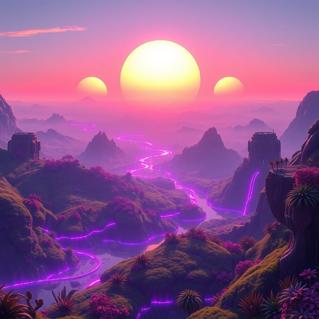 Dreamlike Alien Kingdom with Swirling Lights and Dragons