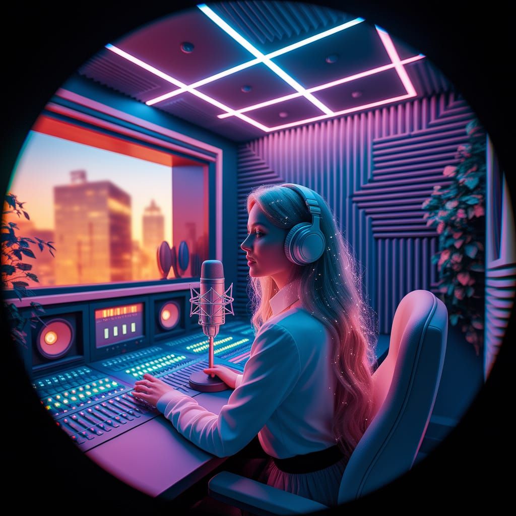 Woman in Podcast Studio with Fisheye Lens Effect