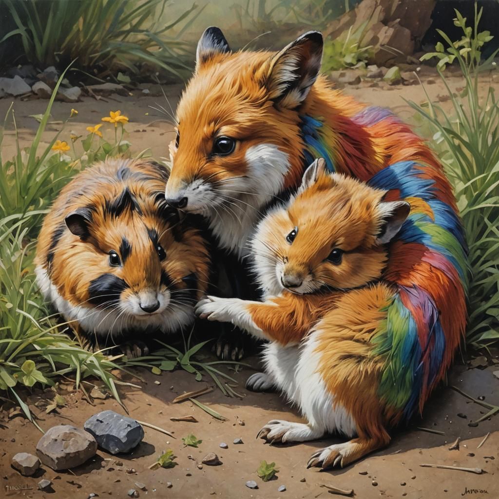 Rainbow Fox Nuzzling Guinea Pig in Oil Painting Style