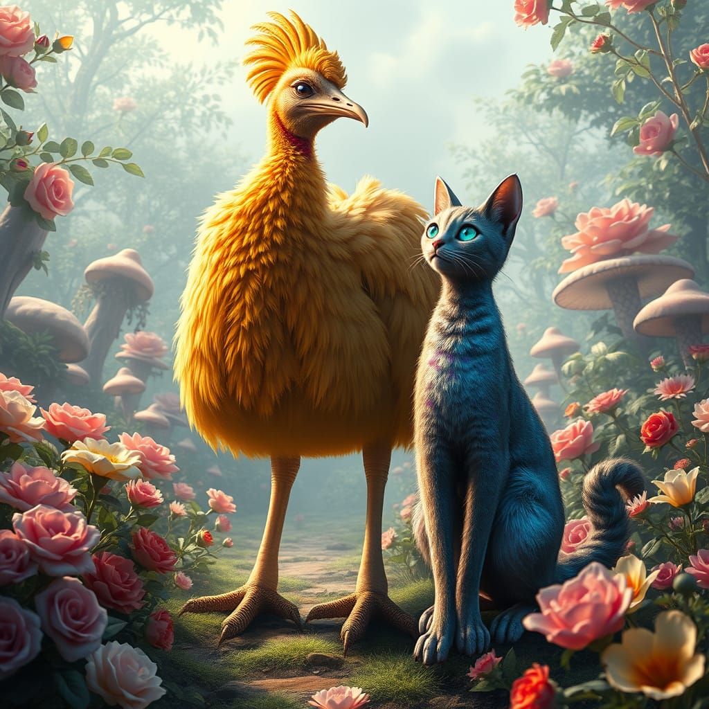 Majestic Chocobo and Iridescent Cat in a Dreamlike Garden