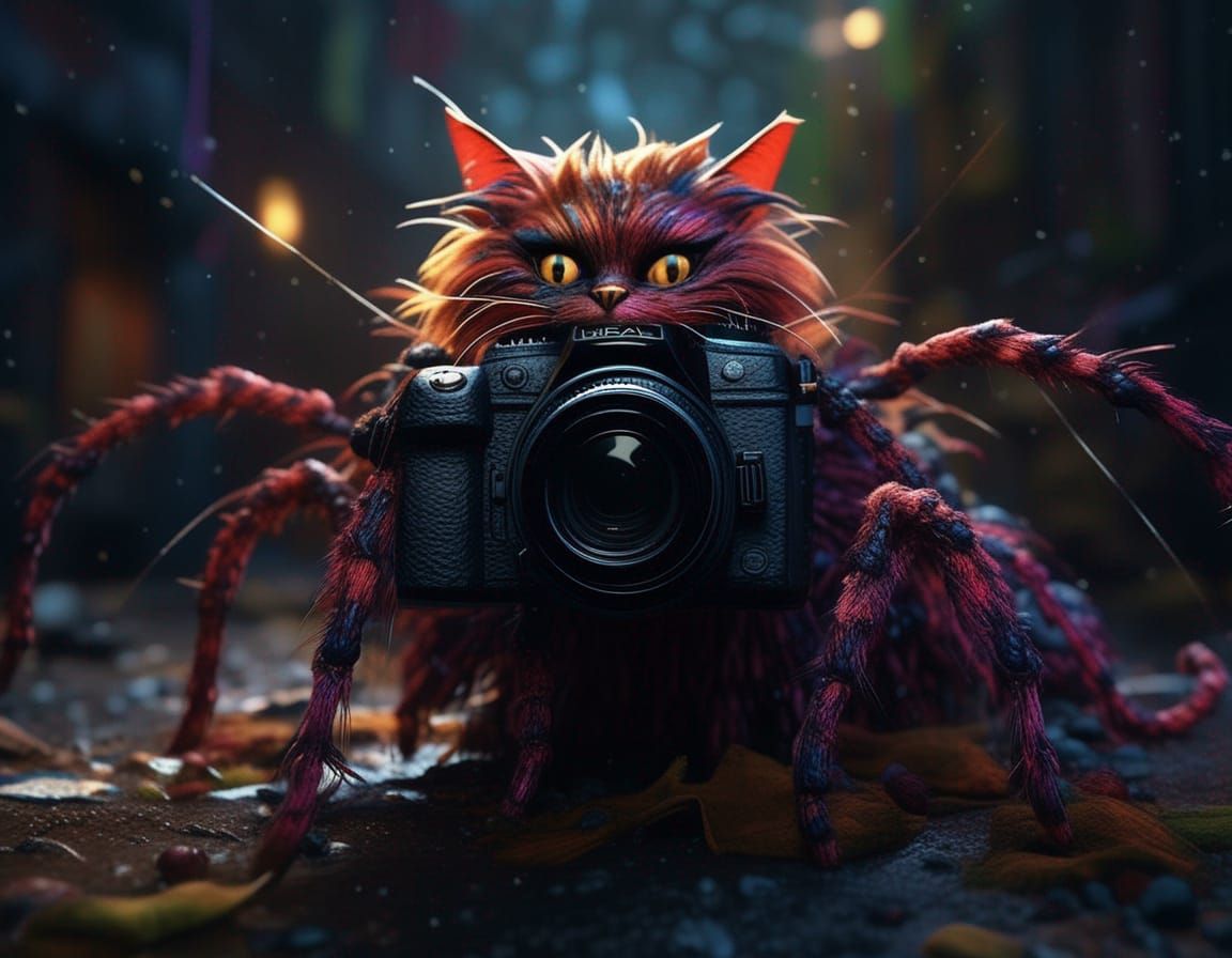 Fantastical Spider-Cat Photographer in Detailed Matte Painti...