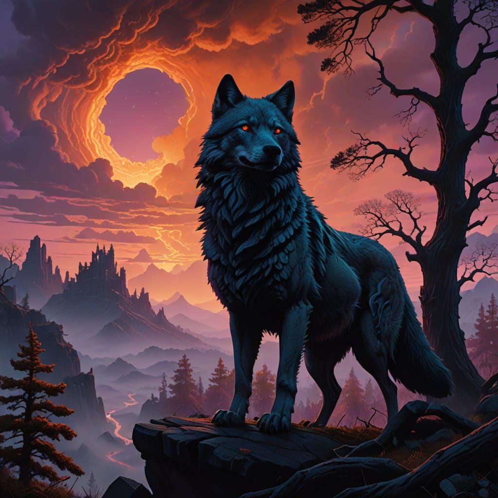 Majestic Wolf howls at a Sunset Sky in a Fantastical World