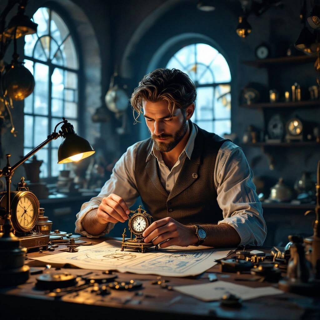 Abstract Clockmaker in Cubist Art Nouveau Style