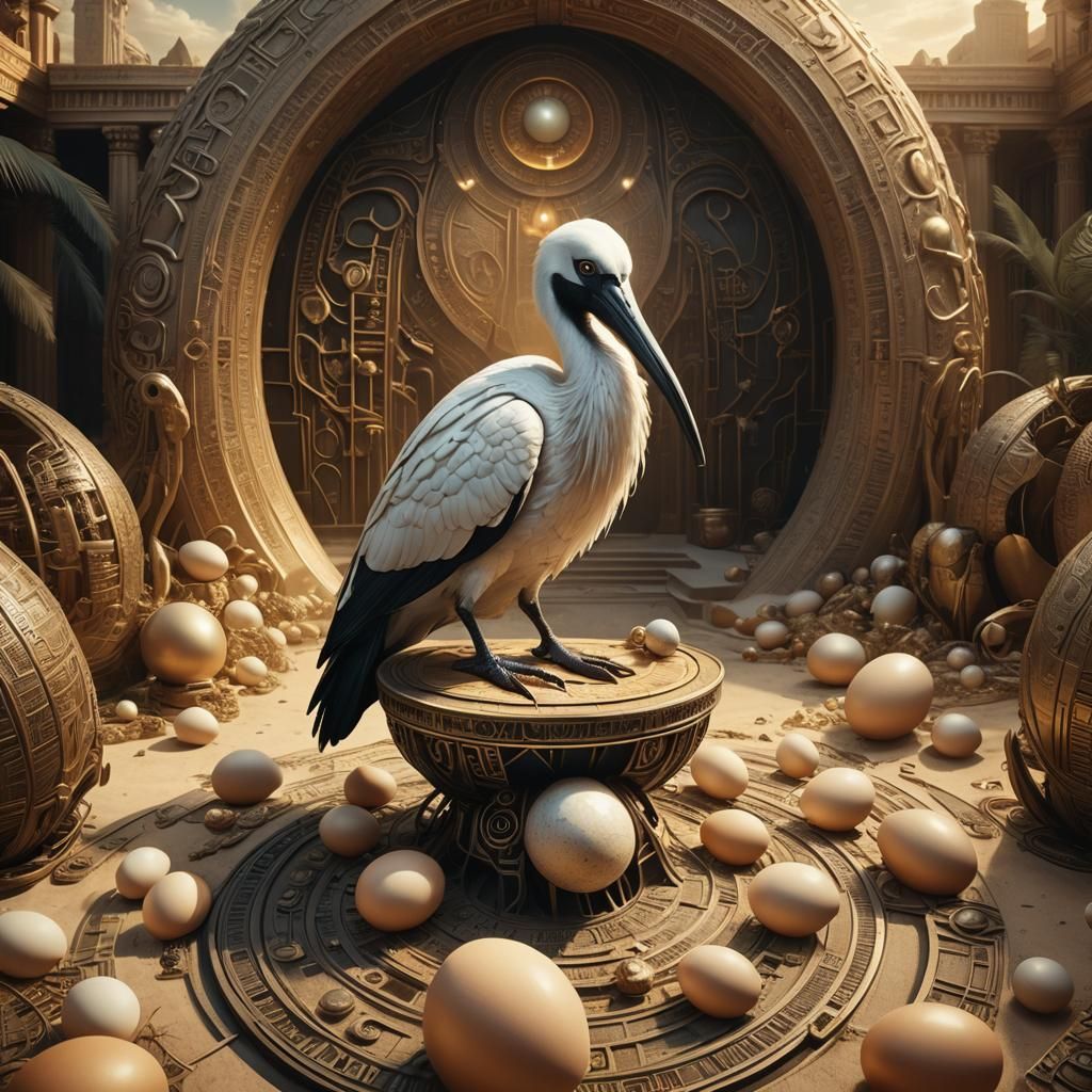 Thoth as Ibis on Egg-Shaped Computer: Surreal Digital Art