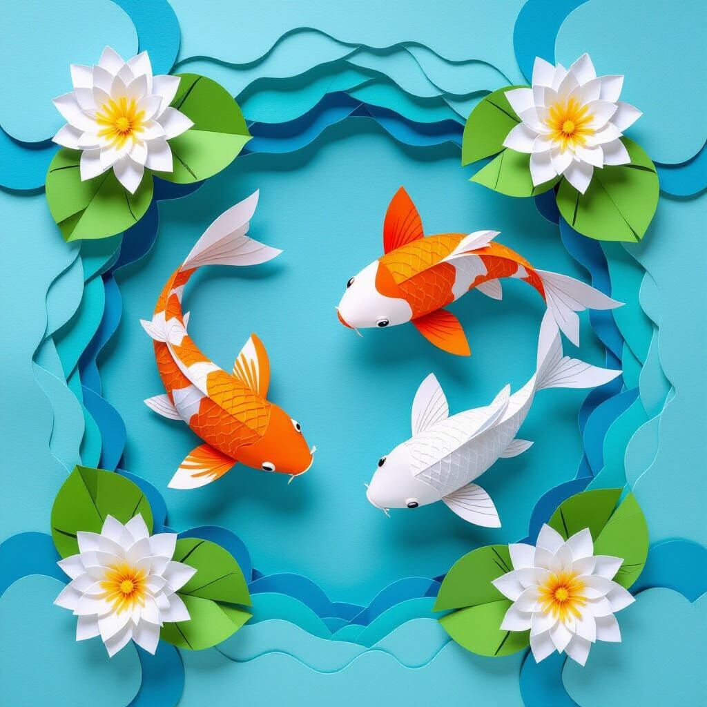 Tranquil Koi Pond Scene in Paper Art
