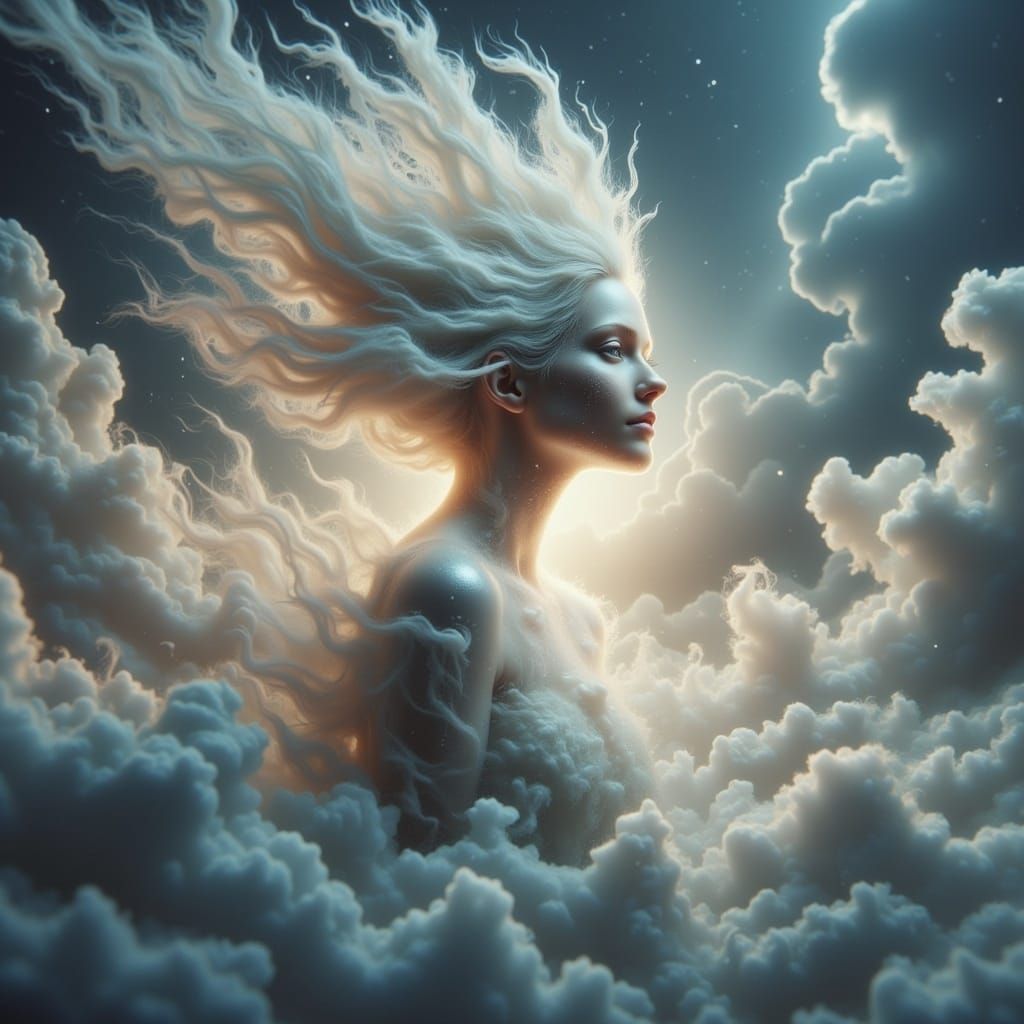 Ethereal Woman Made of Stardust Emerges from Mist